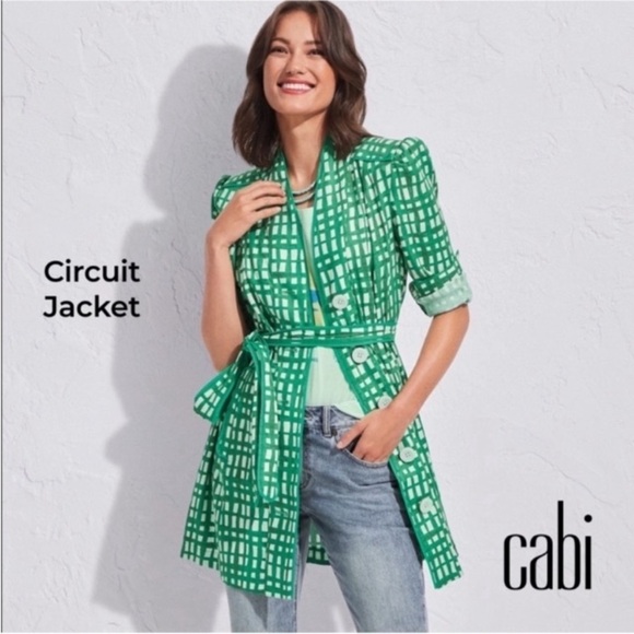 CAbi 6025 Circuit Jacket Kelly Green Linen Trench Coat M Button Front Office - Picture 1 of 15